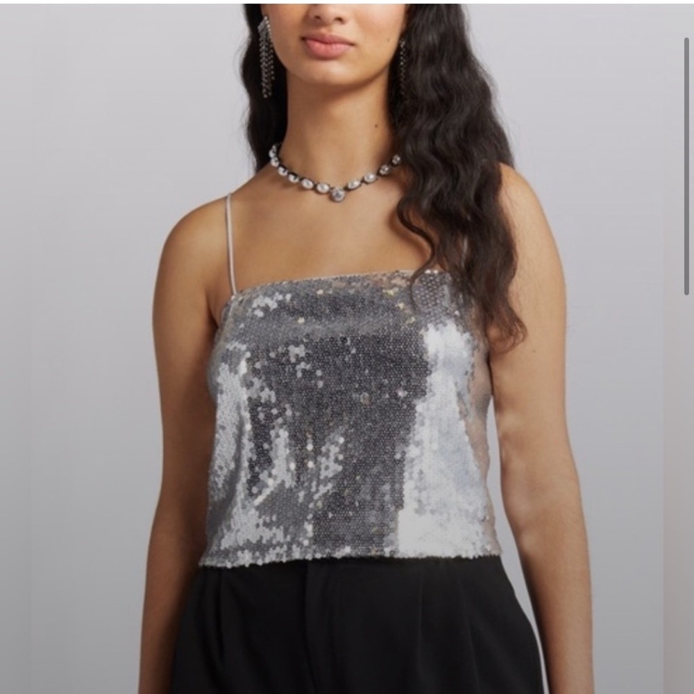 ASTR silver Flower Sequin spaghetti strap Crop top